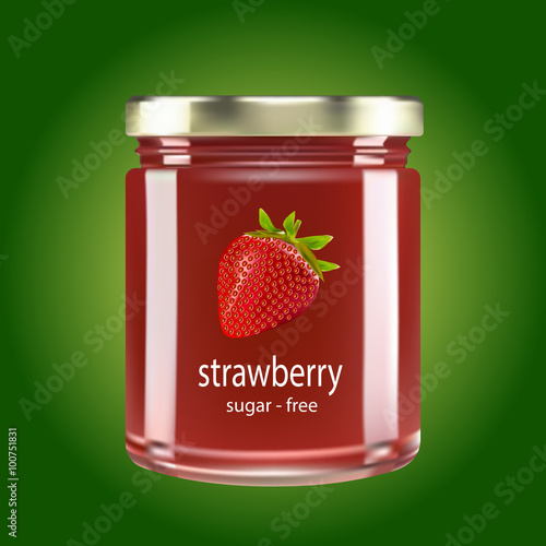 Jar of strawberry jam on green background