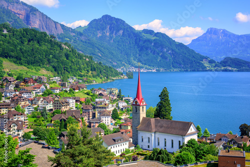 Lake Lucerne and Alps mountains by Weggis, Switzerland