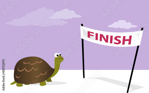 Slow, but sure. Cartoon tortoise at the finish line, vector illustration, no transparencies