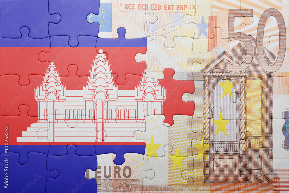 puzzle with the national flag of cambodia and euro banknote puzzle with the national flag of cambodia and euro banknote