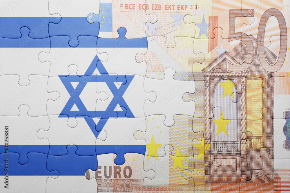 Fototapeta premium puzzle with the national flag of israel and euro banknote