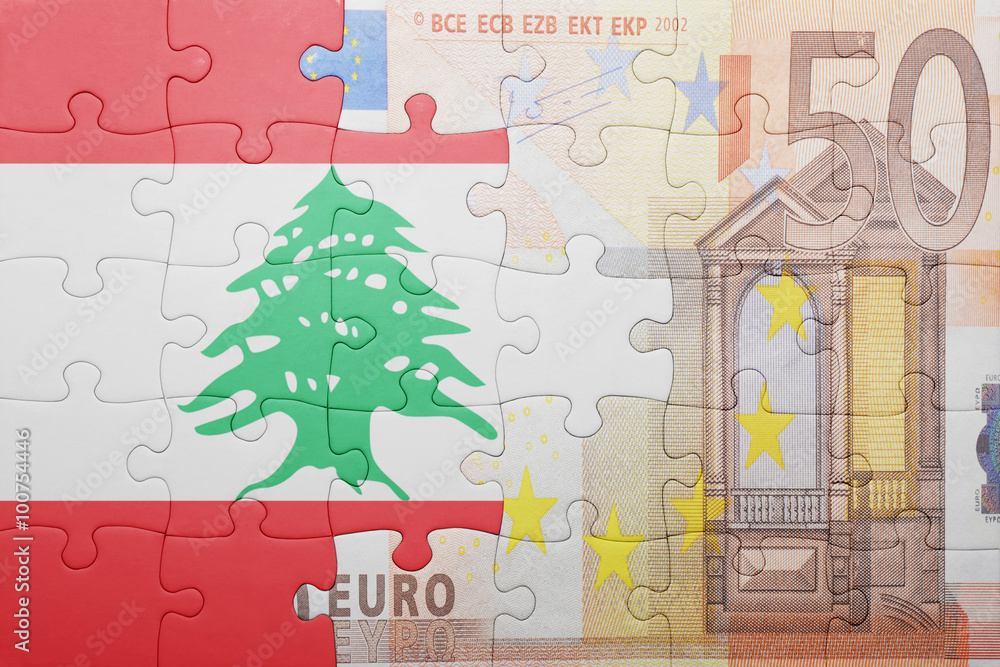 puzzle with the national flag of lebanon and euro banknote