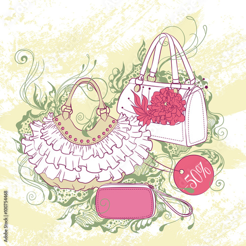 Fashion illustration of various handbags