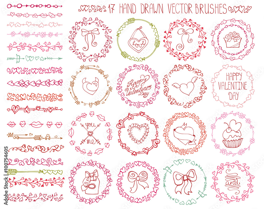 Love heart doodle brushes.Valentine,wedding wreath.Color Love heart doodle brushes.Valentine,wedding wreath.Color