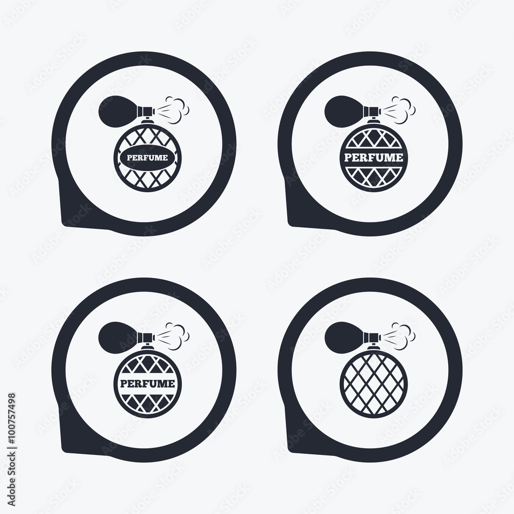 Perfume bottle icons. Glamour fragrance signs. Stock-Vektorgrafik ...