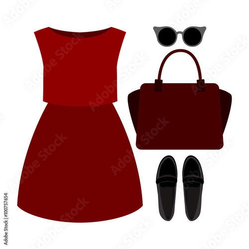 Set of trendy women's clothes. Outfit of woman dress and accessories. Women's wardrobe. Vector illustration