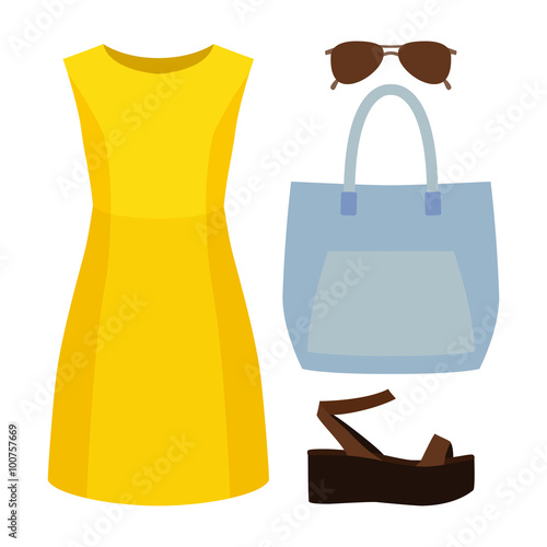 Set of trendy women's clothes. Outfit oand accessories. Women's wardrobe. Vector illustrationand accesso