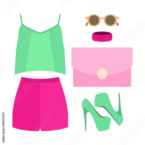 Set of trendy women's clothes. Outfit of woman shorts, blouse and accessories. Women's wardrobe. Vector illustration