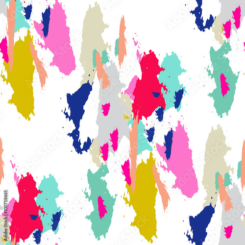 Acrylic paint brush strokes vector seamless pattern. Artistic colorful stains and swabs in abstract manner.