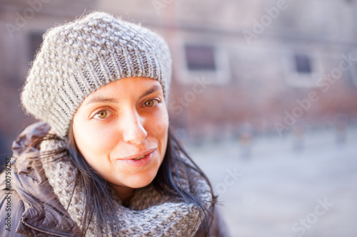 Girl with wool hat in winter.