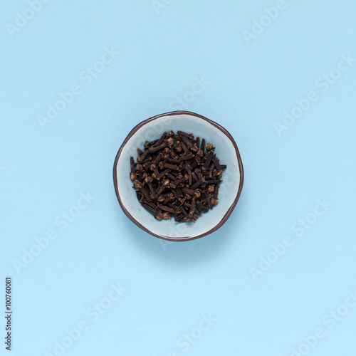 single spice bowl with cloves on turquoise background