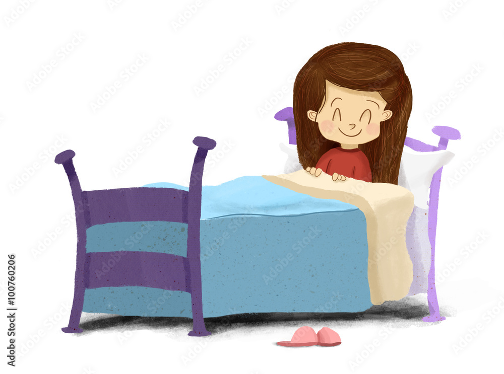 Dibujo de una niña en la cama preparada para dormir, es de noche, se está  tapando con una manta mientras sonrie Stock Illustration | Adobe Stock