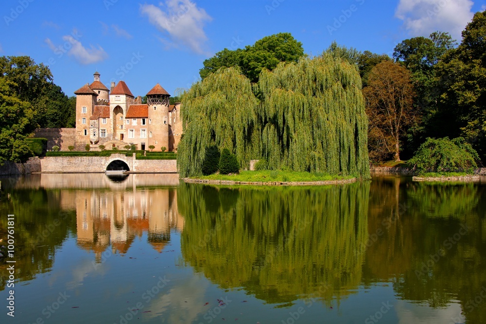 Beautiful lakeside scene with castle and reflections, Burgundy, France