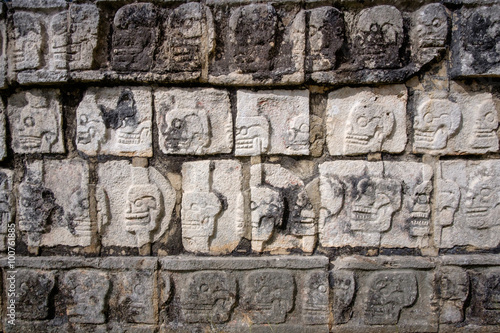 Detail of stone carvings in famous archeological site Chichen It