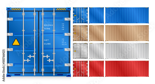Cargo container vector isolated on white background. Metal box or equipment for storage at dock, port, warehouse. Freight transport by ship, crane, trailer truck for shipping, import export business.
