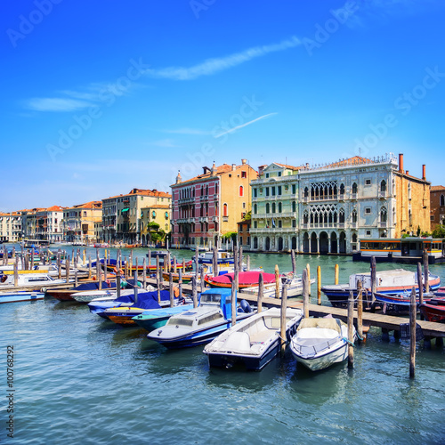 Venice cityscape, boats and traditional buildings. Grand canal.