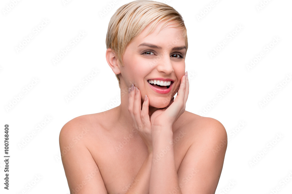 Bashful cute adorable nude female with perfect soft flawless skin and white teeth smile Bashful cute adorable nude female with perfect soft flawless skin and white teeth smile