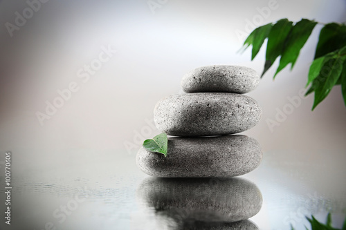 Spa stones and green branch on grey background