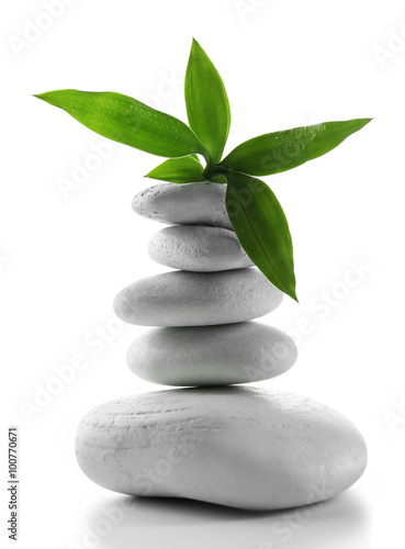 Grey spa stones and green flower  isolated on white