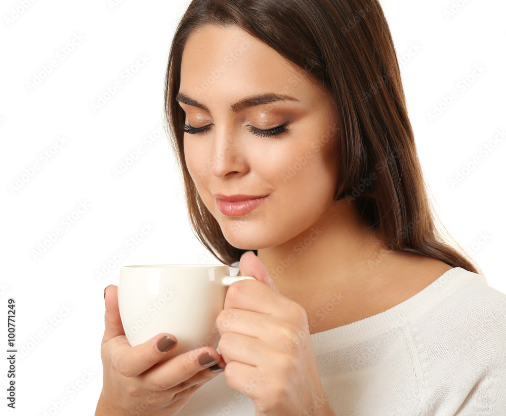Portrait of pretty woman with cup of coffee isolated on white background Portrait of pretty woman with cup of coffee isolated on white background