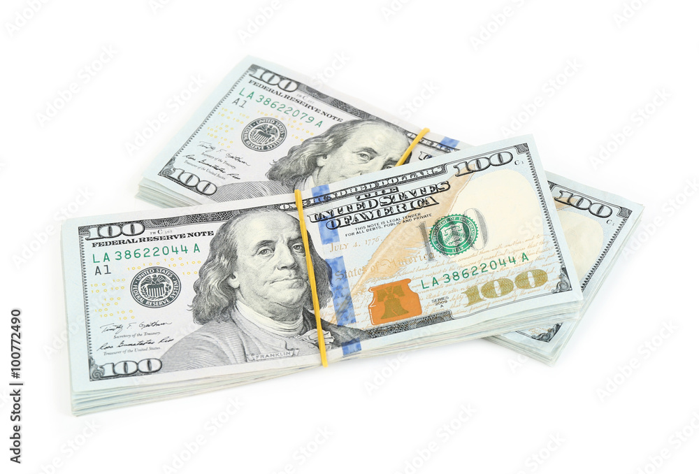 Hundred dollar bills, isolated on white Hundred dollar bills, isolated on white