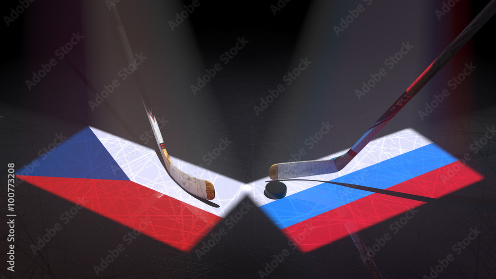 Naklejka premium Hockey puck, hockey sticks and the image of the Czech and Russian flag on the ice.