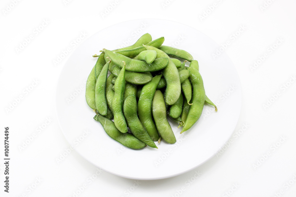 Close green soybeans on white background fresh Close green soybeans on white background fresh