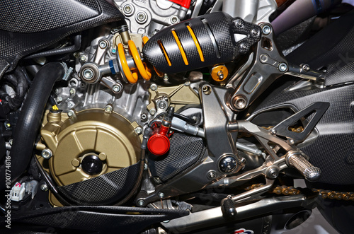 Details of the engine of a motorcycle