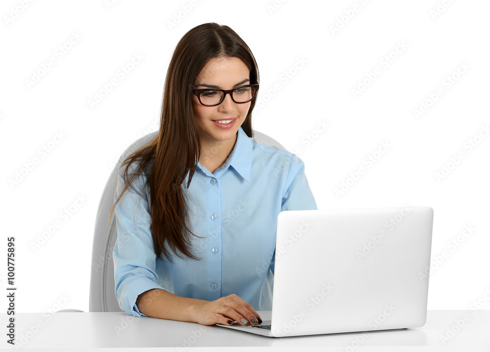 A beautiful woman working at the office, isolated on white A beautiful woman working at the office, isolated on white