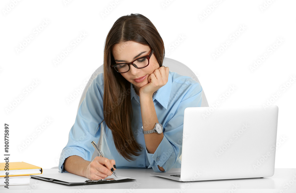 A beautiful woman working at the office, isolated on white A beautiful woman working at the office, isolated on white