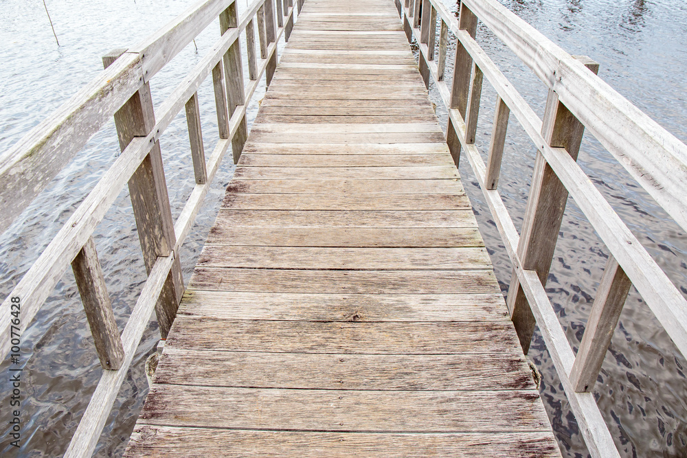 Closeup to wooden walkway in lake.