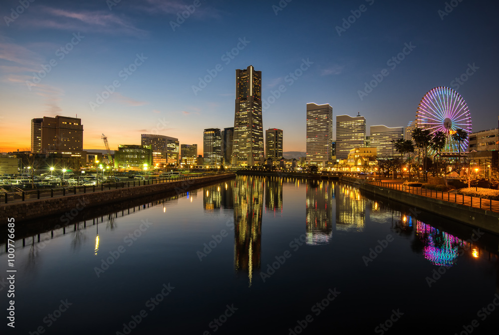 View of Yokohama city at sunset in Japan

