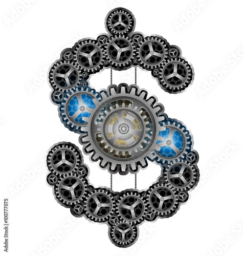 Dollar sign cogs wheel power of money concept