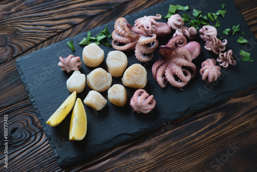 Canvas Print Stone slate plate with baby octopuses and raw sea scallops