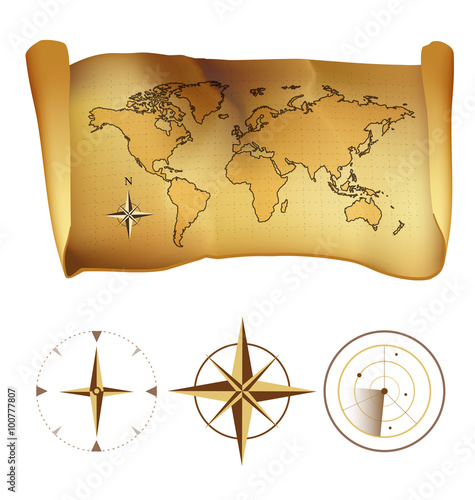Old wold map on old paper with compass