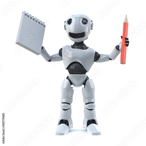3d Robot has a pencil and notepad to take notes