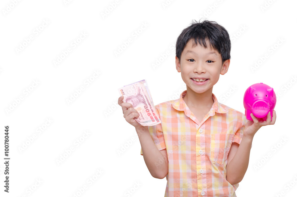 Little asian boy with banknote and piggy bank Little asian boy with banknote and piggy bank