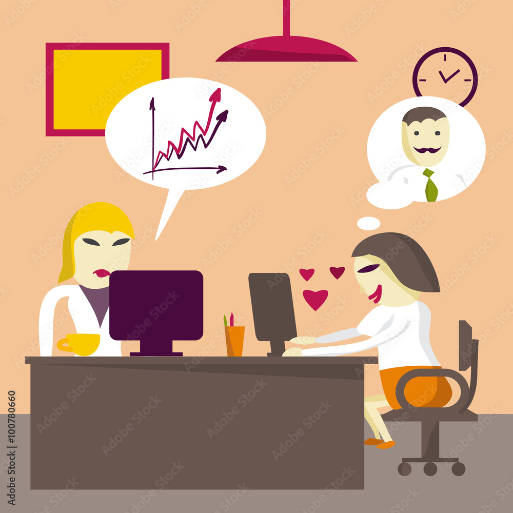 Loving businesswoman rewritten with a man in the workplace. Flat