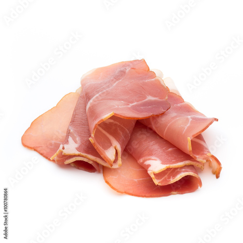 Slices of ham on white background.