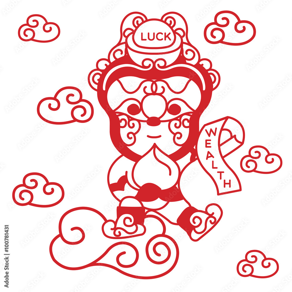Obraz premium MONKEY ON THE CLOUD An illustrate monkey flying on a cloud holding peach and paper wishing you wealth for the up coming year, year of monkey.