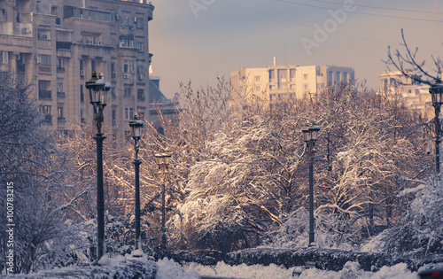 Bucharest, Romania – January 20, 2016: Bucharest center in a frozen morning.