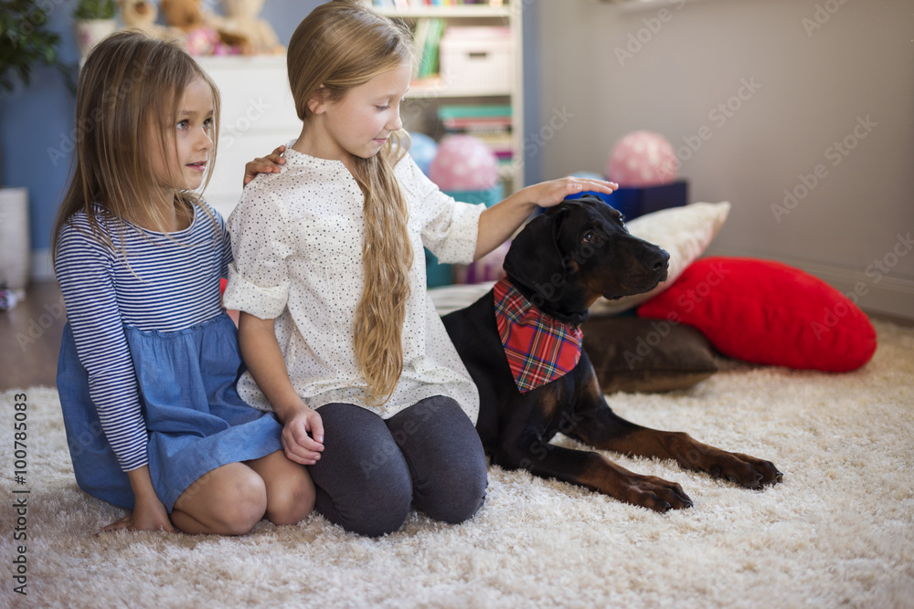 Girls and dog sitting in a row. Girls and dog sitting in a row.