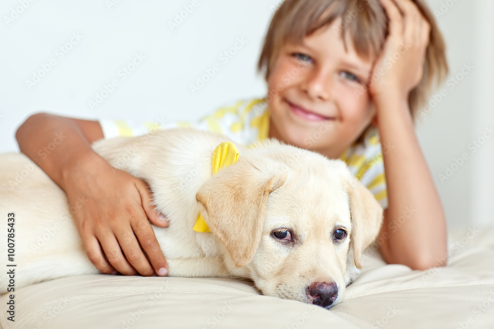 Happy kid with a dog at home Happy kid with a dog at home