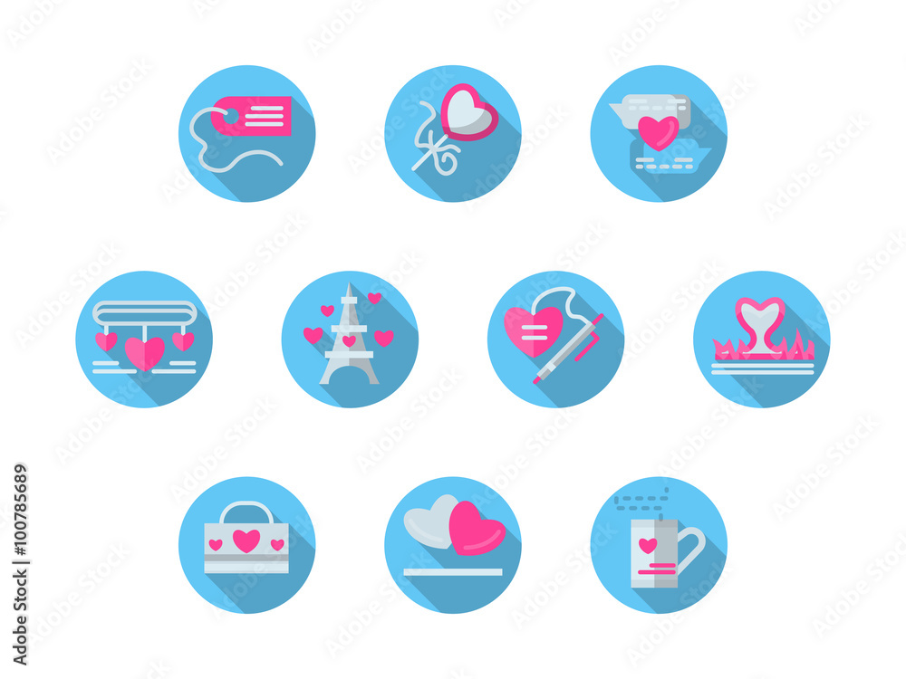 Blue round romantic events flat icons set Blue round romantic events flat icons set