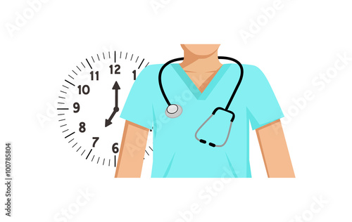 Flat vector image of a doctor with a clock behind him