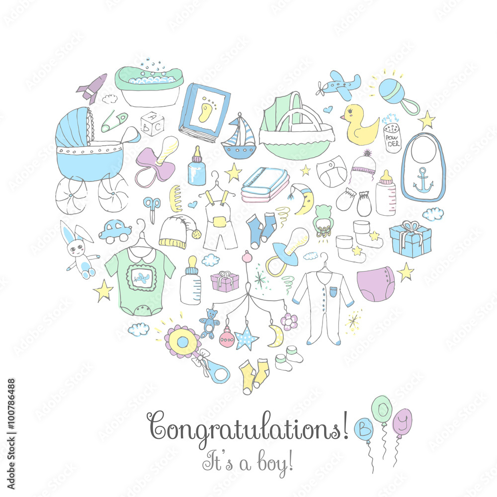 Set of baby shower design vector illustration icons, hand drawn baby care elements, It's a baby boy design icons, children's boy clothing, toy, bib, nappy, carriage, socks, bottle, baby foot print Set of baby shower design vector illustration icons, hand drawn baby care elements, It's a baby boy design icons, children's boy clothing, toy, bib, nappy, carriage, socks, bottle, baby foot print