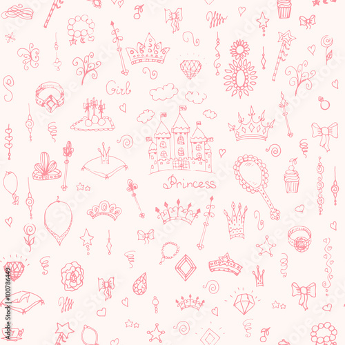 Seamless background hand-drawn vintage princess girl set, Doodle Design Elements, Sketchy Fairy Tale Princess Tiara Crown Notebook, Vector Illustration, for design and scrapbook