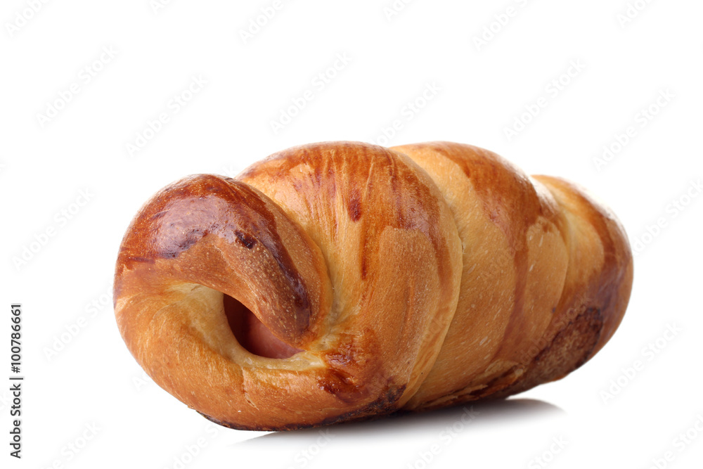 delicious sausage in the dough isolated on white background delicious sausage in the dough isolated on white background