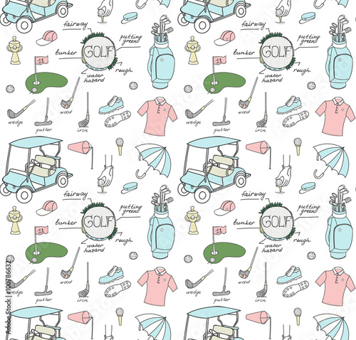 Seamless background collection of various stylized hand drawn Golf icons, Golf Equipment vector illustration, golf clubs, golf course background, doodle elements, golf cart, clubs
