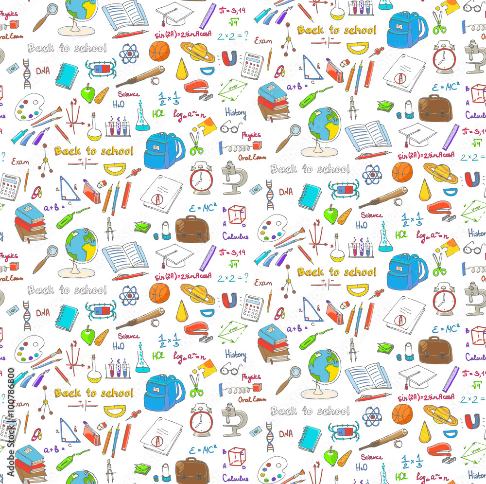 Seamless background freehand drawing school items, Back to School. Hand drawing set of school supplies sketchy doodles vector illustration, science, physics, calculus Seamless background freehand drawing school items, Back to School. Hand drawing set of school supplies sketchy doodles vector illustration, science, physics, calculus